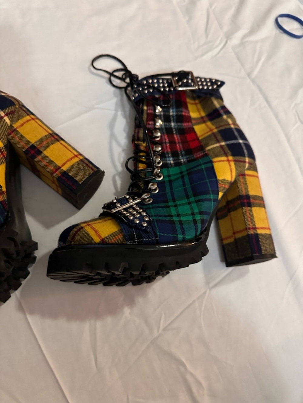 Jeffrey Campbell Plaid Studded Lace-Up Block Heel Boots - Yellow/Green/Blue - Picture 3 of 10
